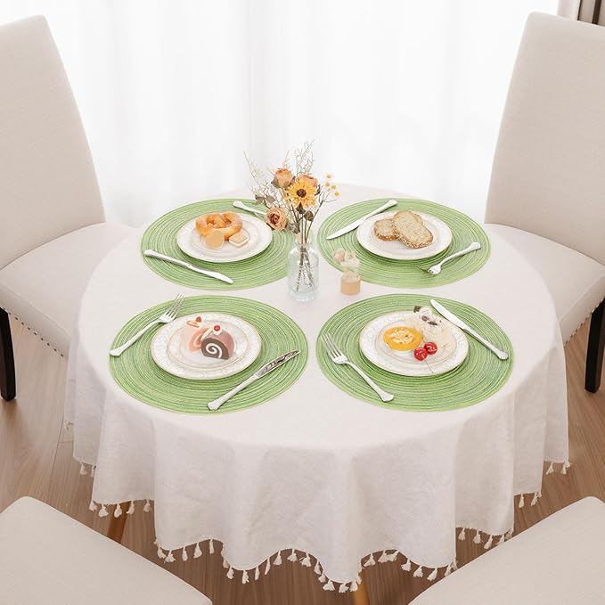 SHACOS Round Placemats Set of 8 Washable 15 inch Round Table Mats Braided Non Slip Fabric Place Mats for Dining Table Indoor Outdoor (Mixed Color Pea Green, 8)