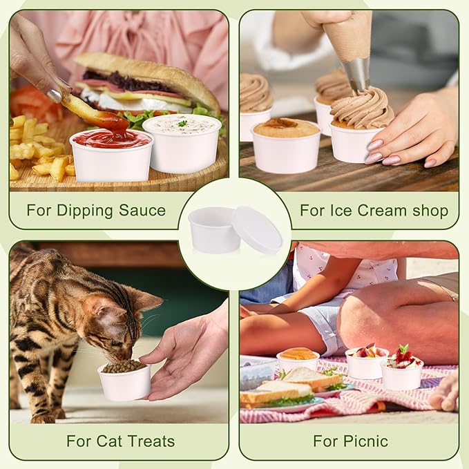 100 Pack 4 oz Disposable Soup Containers with Vented Lids, Kraft Soup Bowls Ice Cream Cups, White Paper Food Containers Microwavable and Freezer Safe for Hot Soup, Ice Cream (100 Pcs - White, 4 oz)