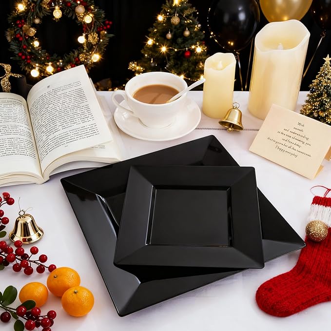 Liacere 60PCS Black Plastic Plates - Premium Square Disposable Plates - Include 30PCS 9.5inch Dinner Plates - 30PCS 7inch Dessert Plates for Party & New Year & Father's Day