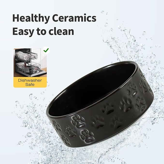Elevated Ceramic Dog Bowls, 7.3" Dog Dishes with Stand, 5 Cup Elevated Food & Water Bowls for Medium Sized Dogs, Microwave Safe (Double Bowls + Stand - Black, 7.3 inch)