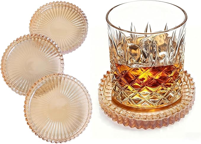 Glass Coasters Set of 4 for Drinks, Round Modern Set with Raised Edge Lip, Decorative & Aesthetic for Dining Table, Living Room, Office Desk