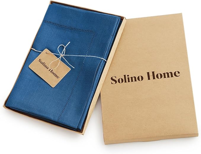 Solino Home Linen Napkins Set of 4 - Classic Hemstitch 100% Pure Linen Indigo Blue Dinner Napkins Cloth 20 x 20 Inch for Spring, Easter - Handcrafted and Machine Washable