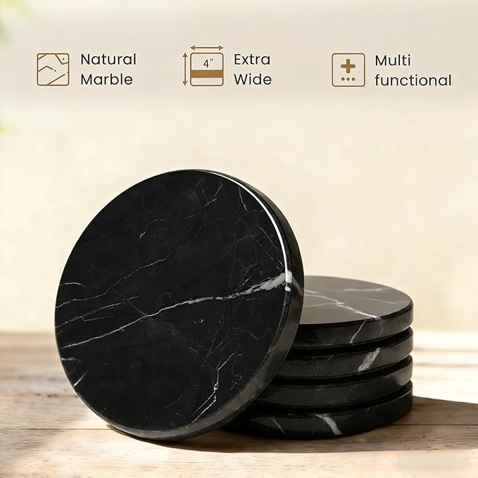 Natural Marble Coasters, Round Costers, Luxury Aesthetic Modern Decor for Coffee Table Bar Kitchen Home, Black Marble, Real Natural Semi Absorbent Stone Coasters