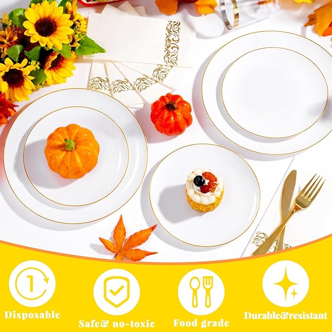 YOUBET 175PCS Gold Rimmed Plastic Plates - White and Gold Disposable Plates Includes 25 Dinner Plate, 25 Dessert Plate, 75Silverware, 25 Cups, 25 Napkins for Wedding & Party