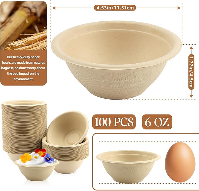 LeonBach 100 Pack 6oz Natural Bagasse Fiber Bowls, Small Disposable Paper Bowls Microwavable Safe Sample Snack Cups Charcuterie Serving Cups for Sauce Portion Condiment Ice Cream Desserts