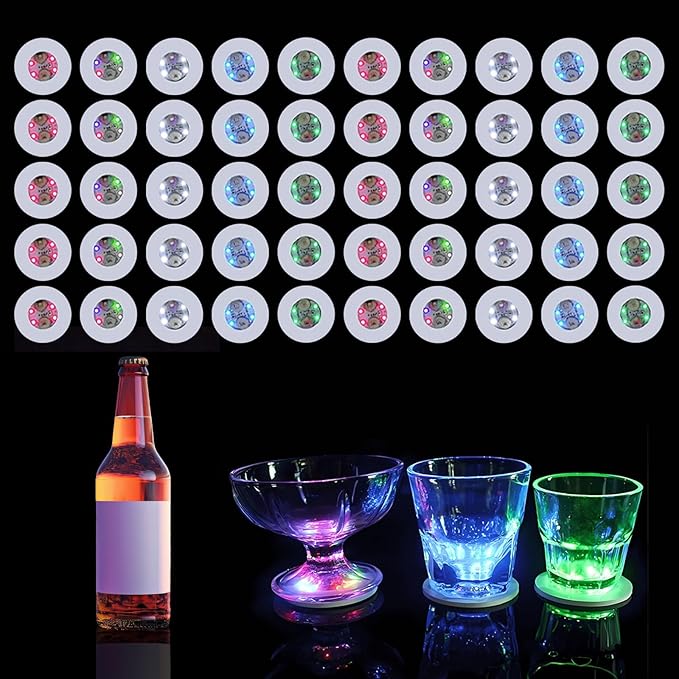 50 PCS LED Coaster, Light Up Coasters for Drinks, Liquor Bottle Lights Stickers Coasters, Flash Light Up Bar Coaster for Club, Bar, Party, Wedding Decor