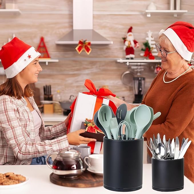 Kitchen Utensil Holder Extra Large Rotating For Counter Organizer Stainless Steel Storage Cooking Silverware Caddy 3 Compartment Flatware Spoon Spatula Tool Cutlery Container（2 Set Black）