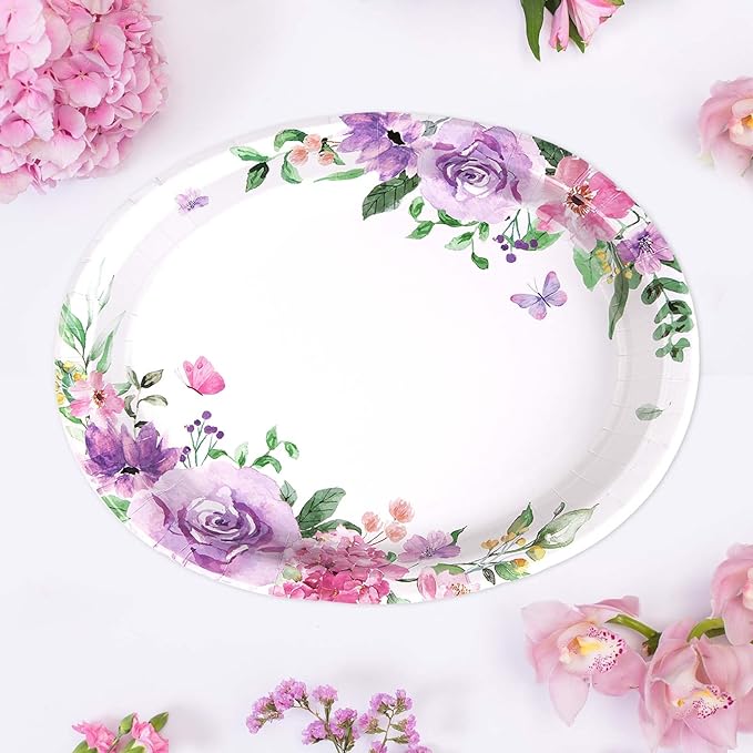 50Pcs Floral Oval Paper Plates 10" x 12" Large Heavy Duty Disposable Watercolor Purple Floral Butterfly Paper Plates Spring Rose Flower Dessert Platters for Bridal Shower Wedding Supplies Decorations
