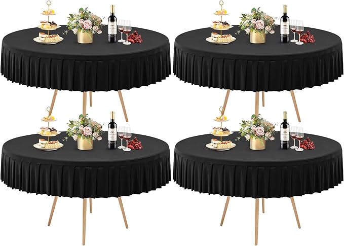 Wish Care 4 Pack Black Spandex Round Tablecloths, 72in, Wrinkle Free, Stretchy Fitted, 6FT Round Table Cloths with Skirt for Wedding, Birthday Party, Banquet
