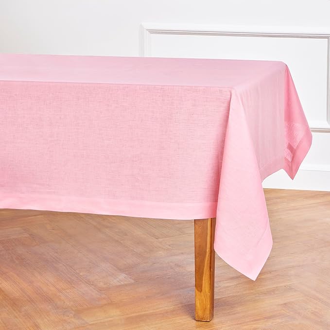 Solino Home Linen Tablecloth for Rectangle Tables 60 x 132 Inch - 100% Pure Linen Pink Lemonade Table Cloth - Fete, Machine Washable Cloth Tablecloth for Valentines, Spring, Easter
