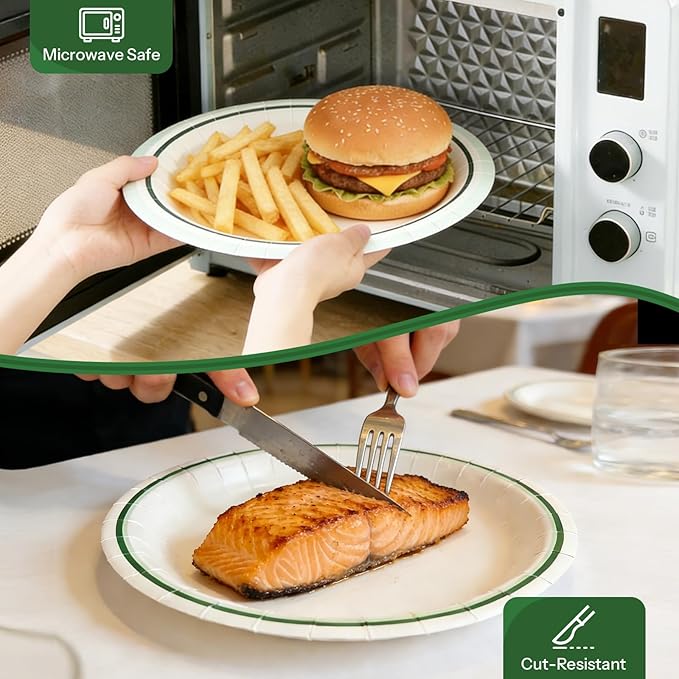 9'' Compostable Paper Plates With Green Circle Rims