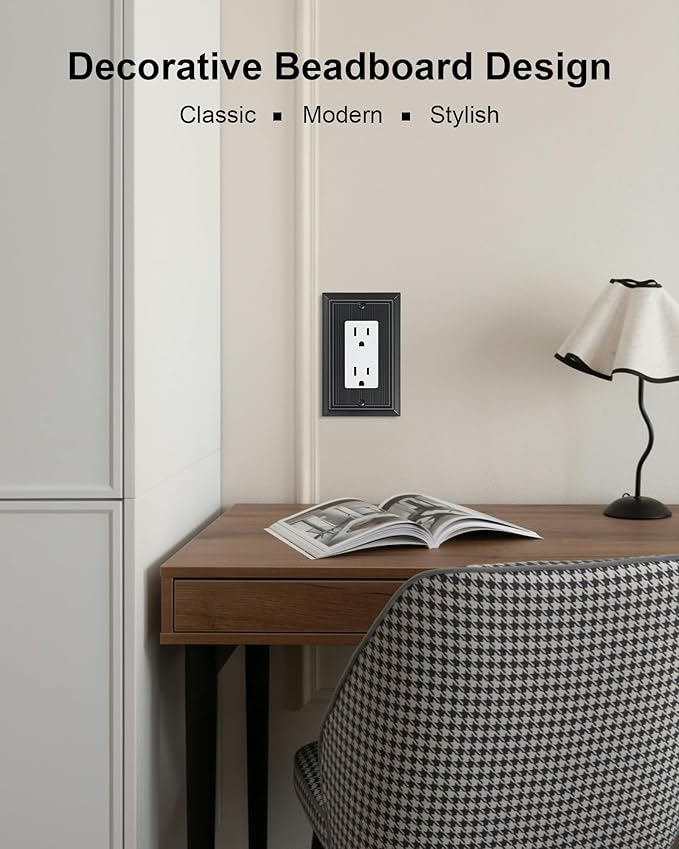 6-Pack Classic Beadboard Decorator Wall Plate Cover, Black Decorative Switch Plates and Outlet Covers, Durable Natural Bamboo Fiber Wall Plates for Electrical Outlets, Receptacle, GFCI Outlet