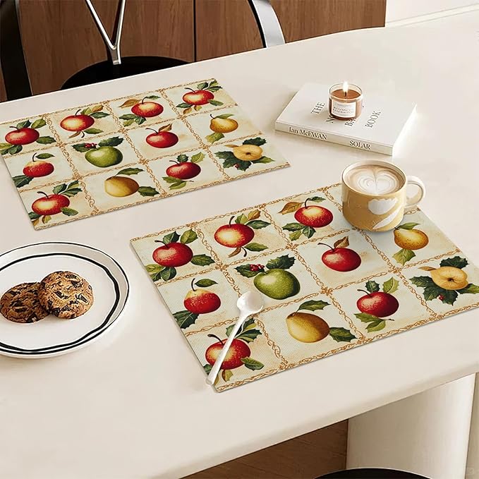 Apple Pear Placemats Set of 4, Retro Fruit Place Mats, Fruits Waterproof Washable Table Mats for Home Party Indoor Kitchen Dining Table Decoration 12x18 Inch