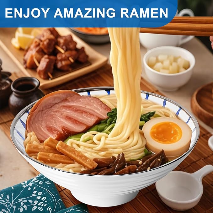 8-Inch Ceramic Ramen Bowl Set of 4 (17 Piece) - Porcelain Japanese Salad Noodles Cereal Fruit Pasta Soup Large Bowls with Recipes Chopsticks Forks Spoons for Men Women Gift Microwave Dishwasher Safe