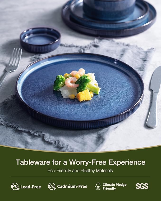 Famiware Star Dinnerware Set with Pasta Bowls, Service for 4 (16pcs), Ribbed Stoneware Plates and Double Bowls Dishes Sets - Chip & Scratch Resistant, Microwave & Dishwasher Safe, Nebulas Blue