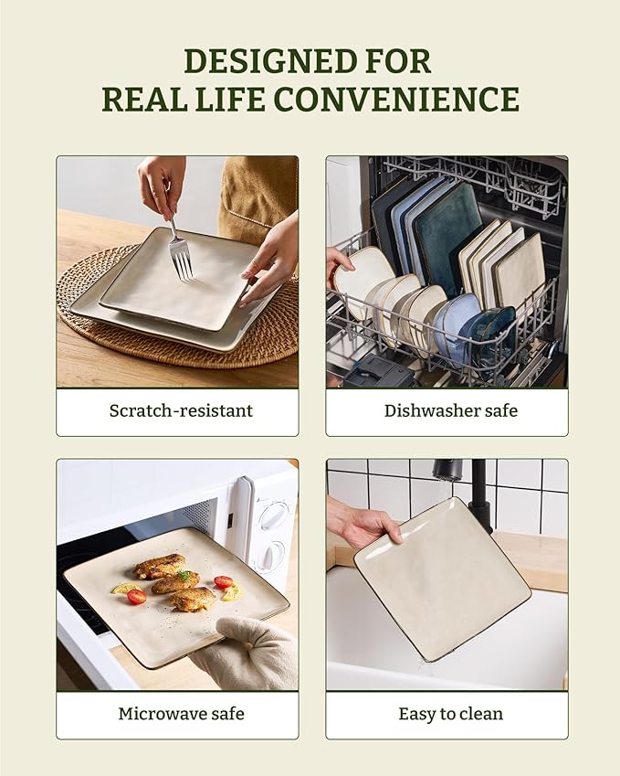 Famiware Dinnerware Sets for 4, Ocean Square 12-Piece Kitchen Plates and Bowls Sets, Microwave and Dishwasher Safe, Scratch Resistant, Light khaki