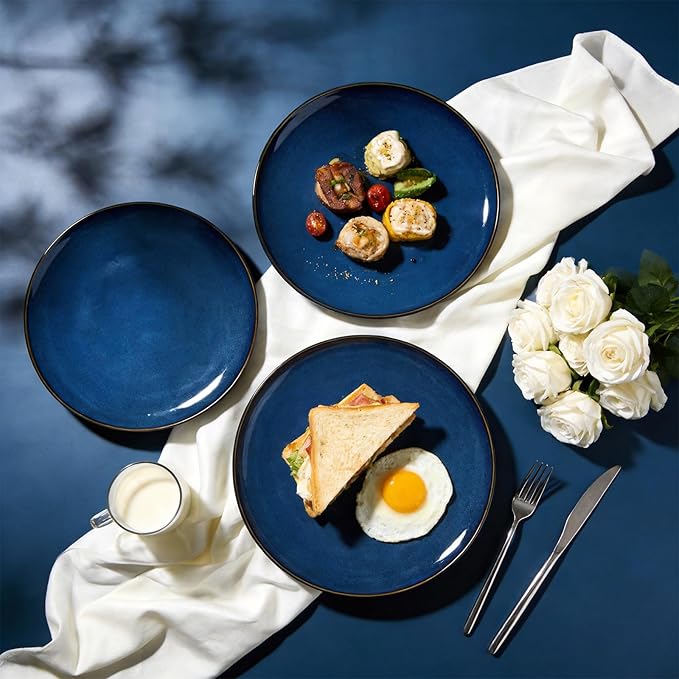 Organic Shape Highland Ceramic Dinner Plates, 12pcs 10.5 Inch Handmade Reactive Glaze Stoneware Plates with Wavy Edge, for Kitchen, Microwave & Dishwasher Safe, Scratch Resistant-Blue