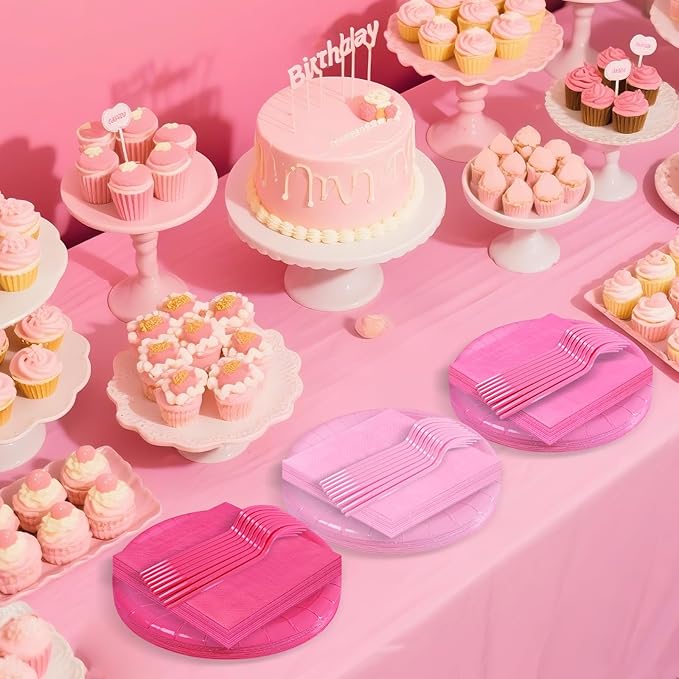 Serves 35 Guests Gradient Pink Plates and Napkins Party Supplies,7" Gradient Pink Birthday Dessert Paper Plates and Napkins,Disposable Party Dinnerware for Wedding,Graduation