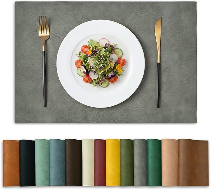 Artoid Mode Grey Faux Leather Placemats Set of 6, 12x18 Inch Waterproof Wipeable Heat Resistant Vinyl Place Mats, Reversible Table Mats for Winter Kitchen Dining Decor