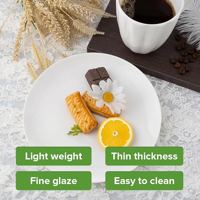 Fine Bone China Dessert Plates 6-Piece, Cake Plate, Side Plate 8 Inches, Fine Glaze With Pure White Color Sturdy and Durable, Thin Thickness and Light Weight, Microwave and Dishwasher Safe