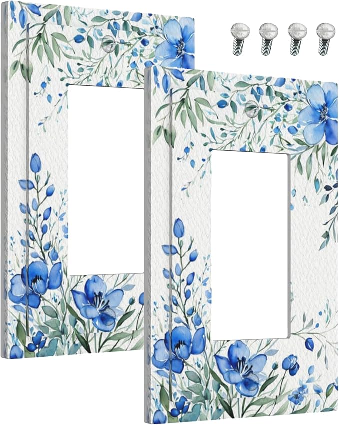 Outlet Covers Blue Watercolor Flowers Retro Floral Leaves 1 Gang Wall Plate Single Rocker Light Switch Cover Decorative GFCI Receptacle Electrical Switchplate for Bathroom Bedroom Decor（2 Pack）