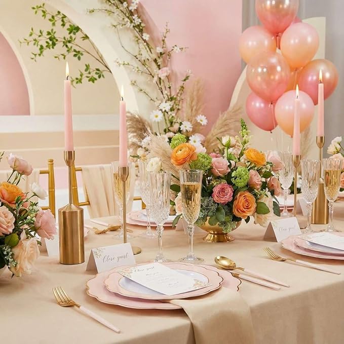 I00000 144Pcs Pink Plastic Silverware, Gold Disposable Flatware with Pink Handle, Gold Plastic Cutlery Set Includes: 48 Forks, 48 Knives and 48 Spoons Perfect for Party & Wedding