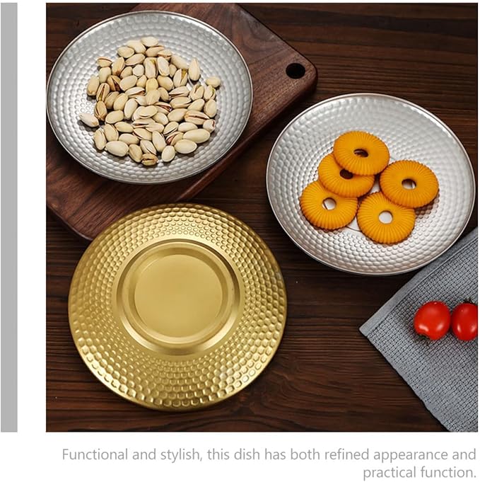Sosoport Vintage Stainless Steel Fruit Serving Tray round Textured Dinner Plate Outdoor Camping Snack Platter Sturdy Gold Fruit Plates for Picnic and Party Use