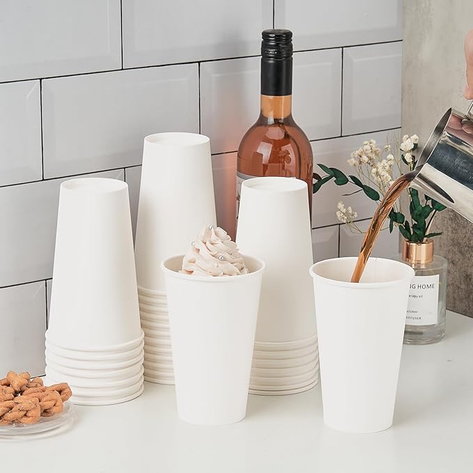 200 Pack 16 oz Disposable Coffee Cups, Sturdy Paper Cups for Hot/Cold Drinks, Leak-Proof White Hot Cups used for Party, Home, Café, Events, Office