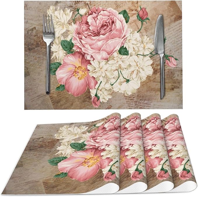 Vintage Rose Placemats Set of 4 Washable Table Place Mats for Dining Kitchen Party Decor