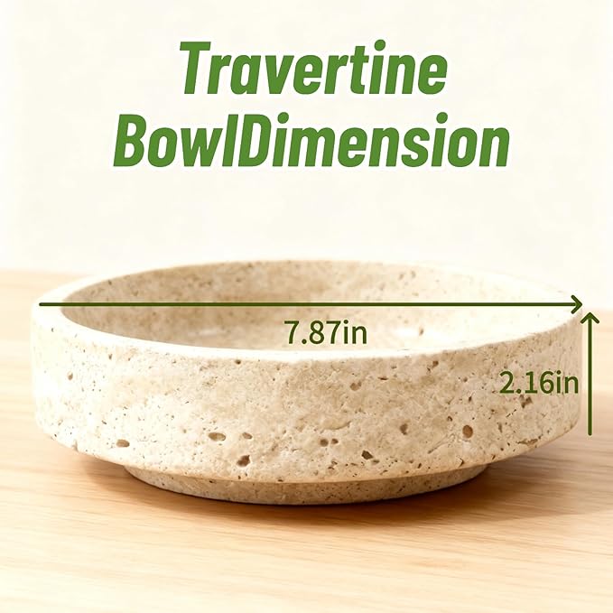 Natural Travertine Marble Bowl - 7.8″ Handcrafted Stone Decorative Bowl for Kitchen Fruit, Entryway Keys, Dining Table Centerpiece & Modern Home Decor