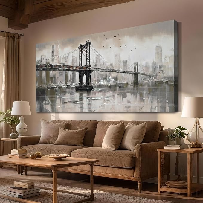 Anolyfi Vintage Brooklyn Bridge Canvas Wall Art Decor, Skylines Cityscapes Gallery Decorative Painting Large Artwork Picture for Hallway Bedroom Kitchen Office Home Decor 40"x20"