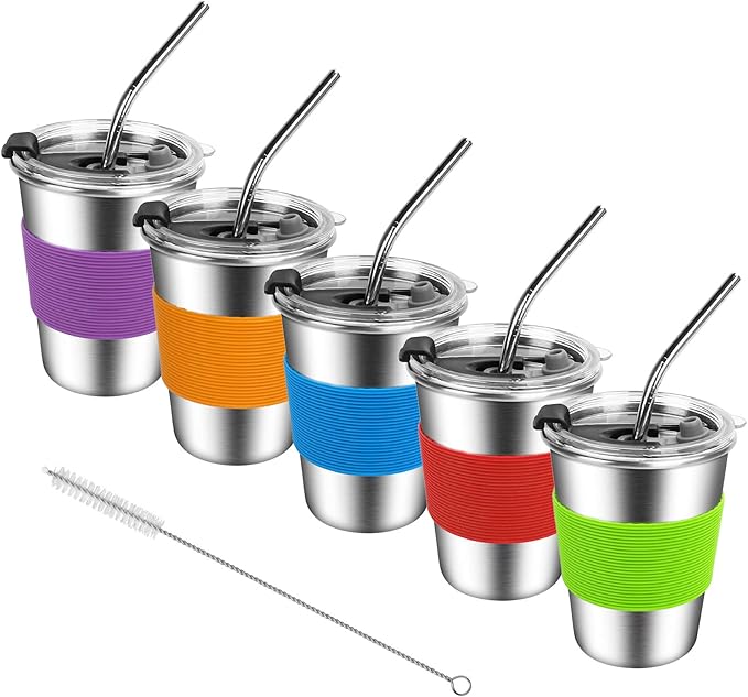 ShineMe Kids Stainless Steel Cups, Kids Metal Drinking Glasses with Lids, Stainless Steel Straws and Sleeves, 12oz Reusable Water Tumbler for Children and Adults, Apply to Indoor and Outdoor