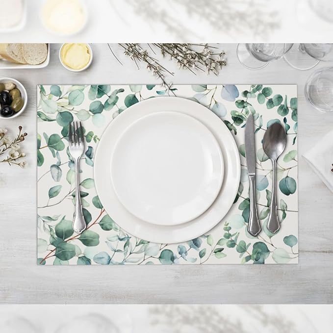 Eucalyptus Leaves Placemats Set of 4 Washable Table Place Mats for Dining Kitchen Party Decor