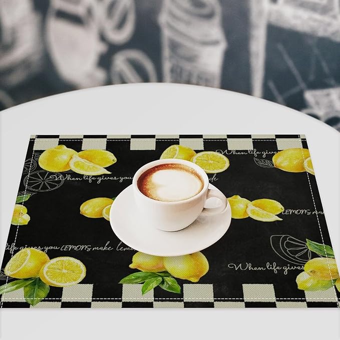 Vintage Lemon Placemat Set, Rustic Farmhouse Yellow Orange Fruit Leaves Black White Plaid Quotes Seamless Pattern Home Decor Linen Table Mats for Dining Room Kitchen Party (17x12in) x6P