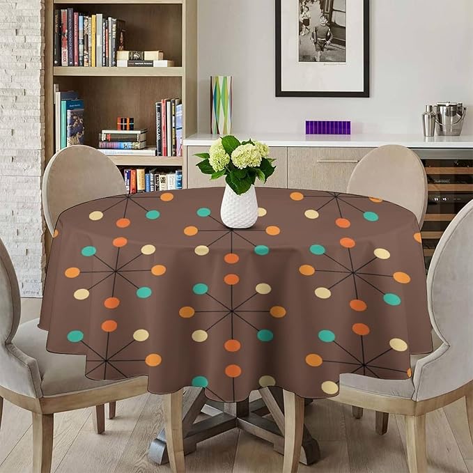 Mid Century Boho Round Tablecloth, 50s Mid Century Modern Geometric Pattern Tablecloth for Home Party Dining Room Kitchen Decor 70Inch(178cm)