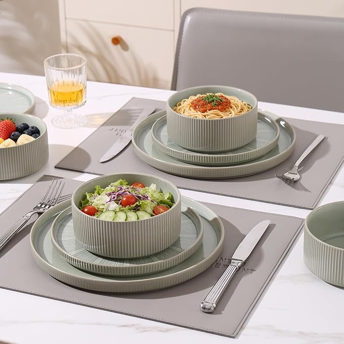 Dinnerware Sets for 8, Ceramic Plates and Bowls Set 24 Piece Dinnerware Chip Resistant Stoneware, Dishwasher and Microwave Safe-green