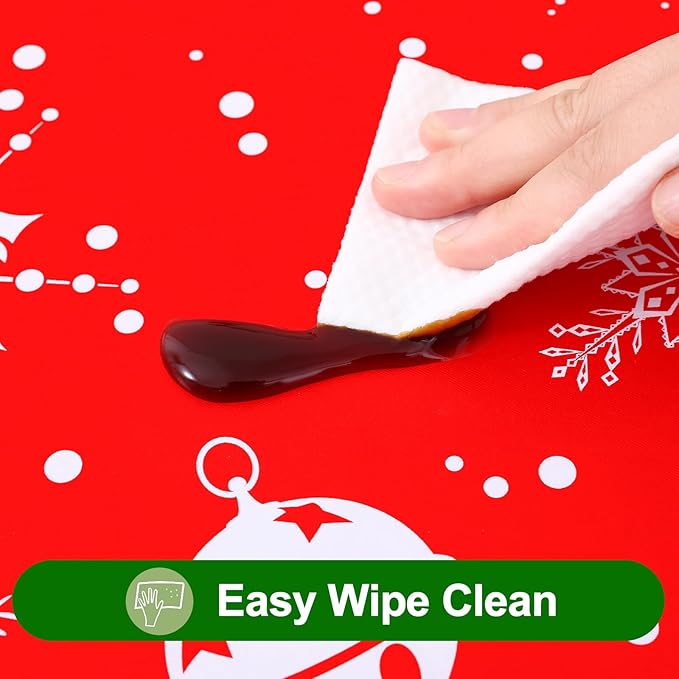 Smiry Plastic Christmas Tablecloth, Snowflake Wipeable Flannel Backed Vinyl Tablecloth, Waterproof Elastic Fitted Table Cover for Christmas Dinner, and New Year Celebration (White & Red, 30x72 Inches)
