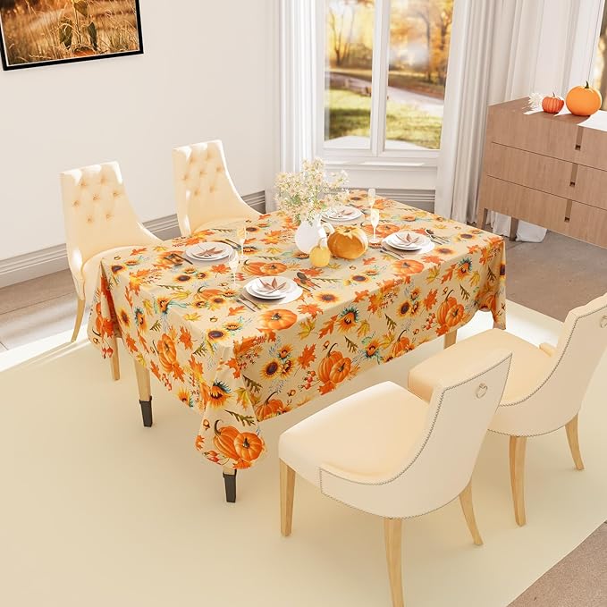 Smiry Fall Rectangle Table Cloth, Waterproof Vinyl Tablecloth with Flannel Backing, Wipeable Autumn Sunflower Plastic Tablecloths for Harvest and Thanksgiving Parties, (60"x102", Gold)