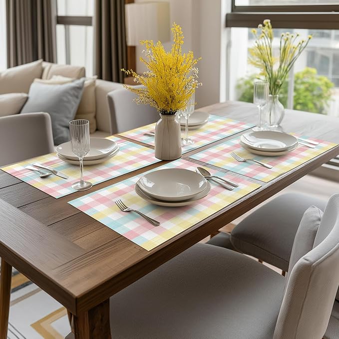Artoid Mode Buffalo Plaid Vinyl Placemats Set of 4, 12x18 Inch Washable Non-Slip Heat Resistant Plastic Place Mats for Party Dining Table, Pink/Blue
