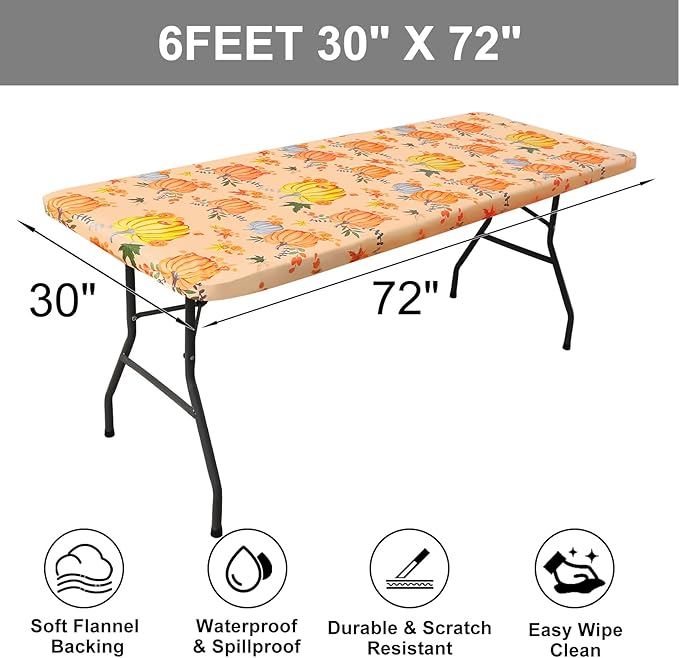 Smiry Plastic Thanksgiving Tablecloth, Pumpkin Wipeable Flannel Backed Vinyl Tablecloths for 6 Foot Tables, Waterproof Elastic Fitted Table Covers for Autumn Harvest, Parties (Orange, 30x72 Inches)