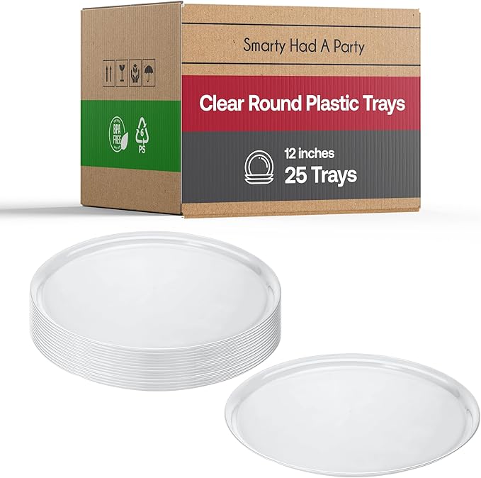 Smarty Had A Party 12 Inch Clear Round Plastic Serving Tray – Elegant Party Platters for Serving Food, Heavy-Duty Disposable Plastic Serving Trays for Catering, Weddings & Events – Set of 25