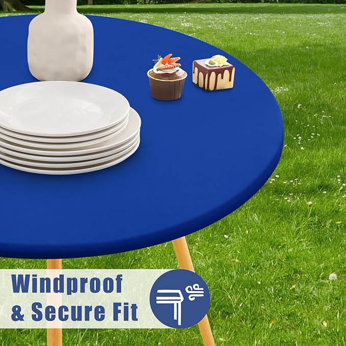 Round Spandex Tablecloth 2 Pack, Elastic Fitted Waterproof Tablecloths for 36"-44" Tables, Stretch Washable Picnic Table Cover for Camping, Dining, Indoor and Outdoor, Blue