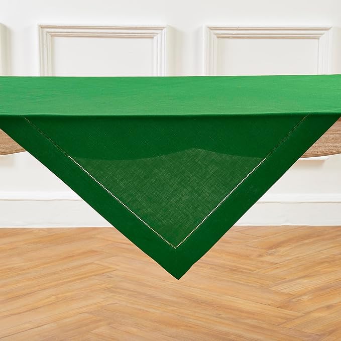 Solino Home Linen Tablecloth 52 x 52 Inch - 100% Pure Linen Garden Green Square Tablecloth - Classic Hemstitch, Machine Washable Table Throw for Winter, St Patricks Day, Easter