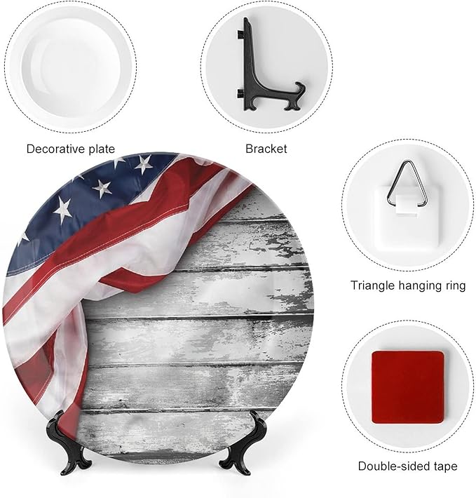 Ceramic Display Plate, American Flag Ceramic Hanging Decorative Plate, Flag on Wood Planks, 7 Inch, Living Room Kitchen Decoration Household, Multicolor