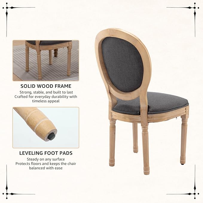 Vintage French Dining Chairs Set of 2, Round Back Accent Chairs with Linen Seat and Solid Wood Frame, Farmhouse Sillas de Comedor Upholstered for Dining Room & Kitchen, Gray