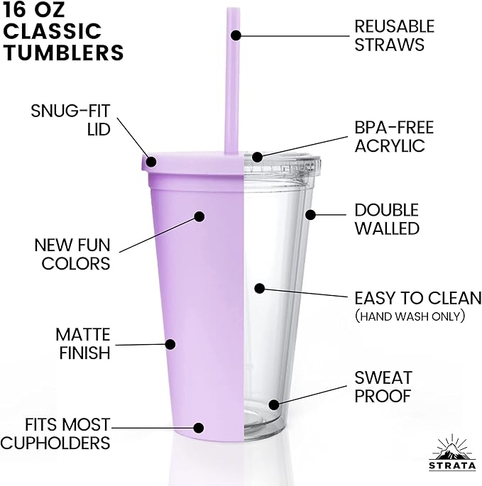 STRATA CUPS 16 Oz Tumbler with Lid and Straw (12 pack) - Pastel Lilac Colored Cups, Double Wall Matte Acrylic Tumblers with Lids and Straws Cleaner! Vinyl Customizable DIY Gifts for Event and Parties