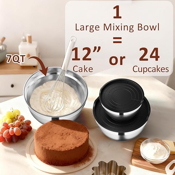 9 Pack Mixing Bowls with Airtight Lids Set, Stainless Steel Mixing Bowls with Grater Attachments, Nesting Kitchen Bowl Set with Non-Silp Bases, Size 7, 4, 3, 2, 1.5,1QT, Black