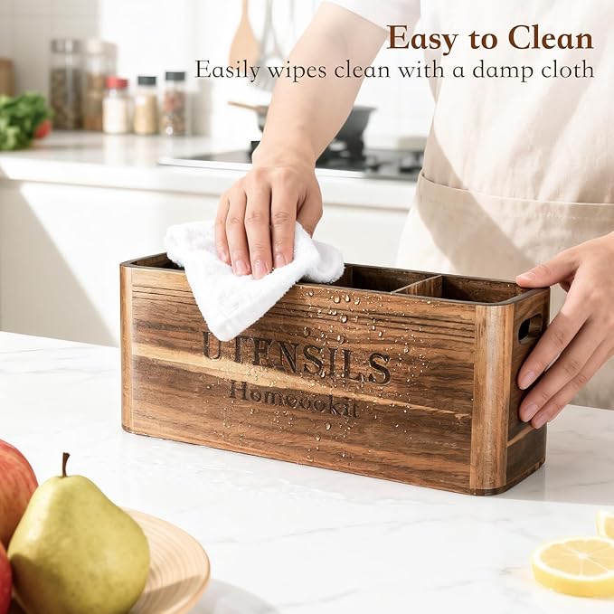 Utensil Holder for Kitchen Countertop, Extra Large Acacia Wood Organizer, 4-Compartment Storage for Cooking Tools, Farmhouse-Style Cutlery Holder
