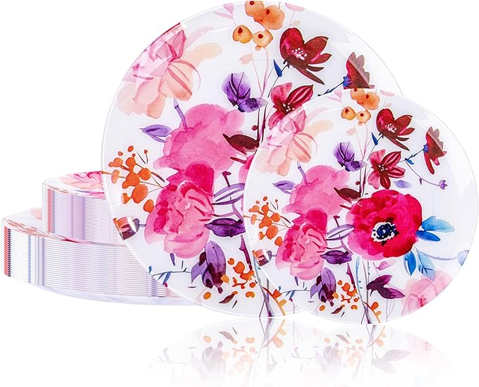 DaYammi 20Pcs Floral Disposable Plastic Plates-Disposable Heavy duty Watercolor Floral Plastic Plates 10.25 inch Dinner plates and 7.5 inch Dessert plates, Disposable Plate for Valentine's Day Party