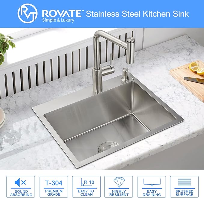 ROVATE 24 × 18 Inch Drop-in Topmount Kitchen Sink Single Bowl, 304 Stainless Steel Handmade Overmount Kitchen Sink with Basket Strainer, 24 x 18 x 9 inch